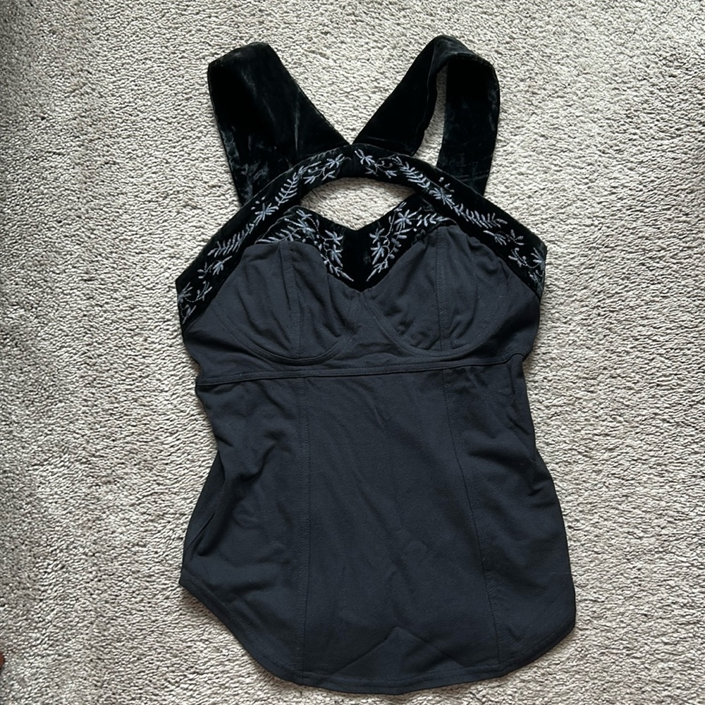 Black corset like top with velvet embroidered straps - Picture 2 of 9